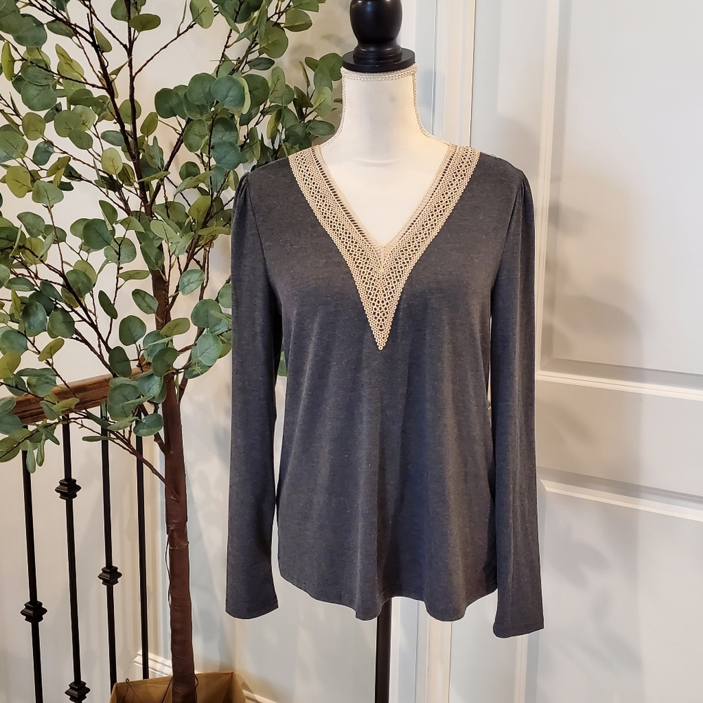 Charcoal Gray Long Sleeve Lace Tunic Top